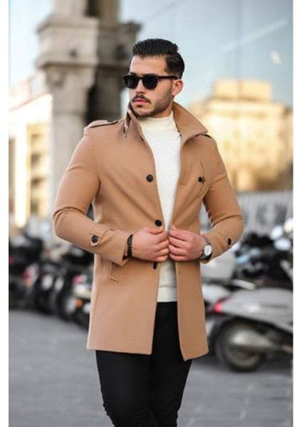 580-SLIMFIT Kesim Erkek Ezel Yaka Diz Üstü Kaşe Kaban-Vizon fiyatları