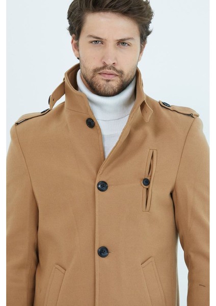 580-SLIMFIT Kesim Erkek Ezel Yaka Diz Üstü Kaşe Kaban-Vizon modelleri