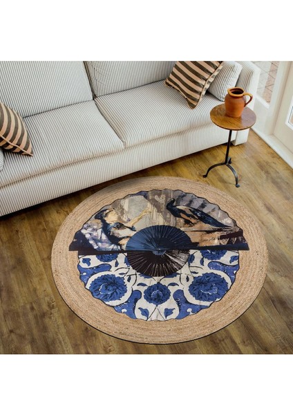 Boho 960 Blue Blanc Botanik Desenli Örgü Yuvarlak Natural Çift Taraflı Halı fırsatları