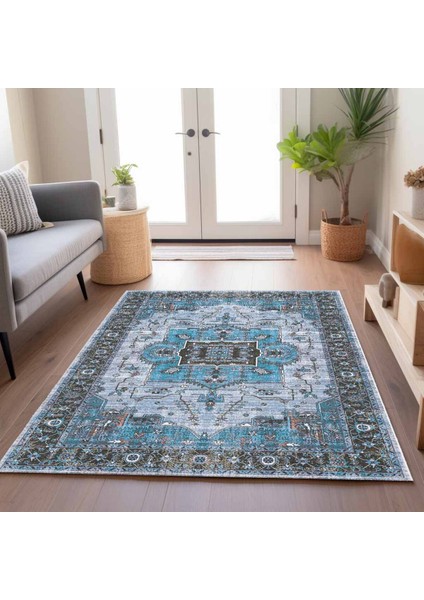 Mars 2251 Mavi Bordürlü Modern Yıkanabilen Dokuma Taban Dekoratif Halı indirimleri