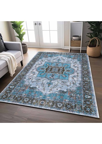 Mars 2251 Mavi Bordürlü Modern Yıkanabilen Dokuma Taban Dekoratif Halı