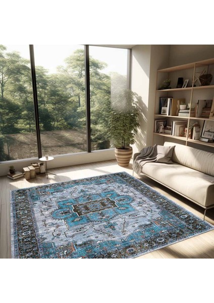 Mars 2251 Mavi Bordürlü Modern Yıkanabilen Dokuma Taban Dekoratif Halı