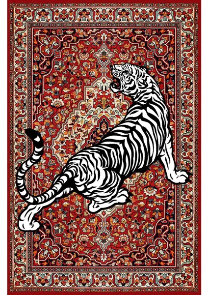 Mars Serisi Kırmızı Tonlarında Kaplanlı Etnik Desen Kaymaz Taban Şönil Halı