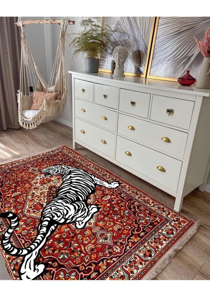 Mars Serisi Kırmızı Tonlarında Kaplanlı Etnik Desen Kaymaz Taban Şönil Halı fiyatları