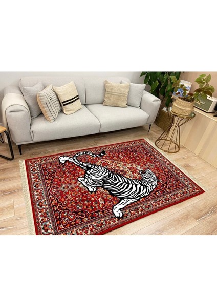 Mars Serisi Kırmızı Tonlarında Kaplanlı Etnik Desen Kaymaz Taban Şönil Halı modelleri
