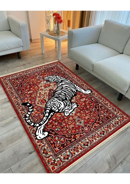 Mars Serisi Kırmızı Tonlarında Kaplanlı Etnik Desen Kaymaz Taban Şönil Halı fırsatları