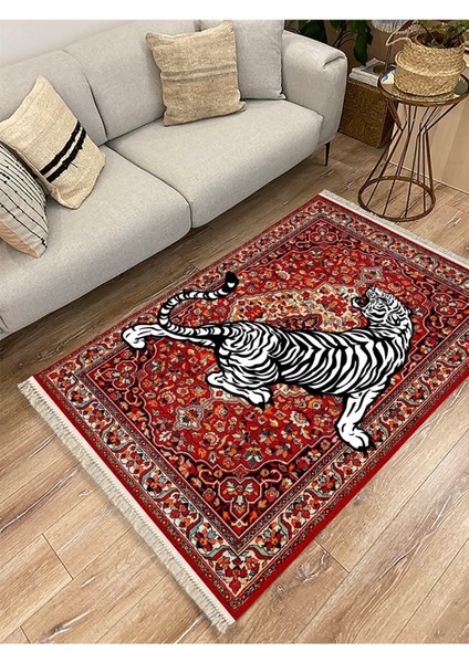 Mars Serisi Kırmızı Tonlarında Kaplanlı Etnik Desen Kaymaz Taban Şönil Halı indirimleri