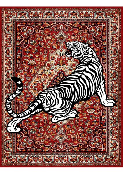 Mars Serisi Kırmızı Tonlarında Kaplanlı Etnik Desen Kaymaz Taban Şönil Halı