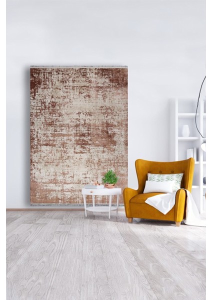 Mars 2033 Kahve ve Krem Tonunda Modern Eskitme Desen Kaymaz Taban Dekoratif Halı