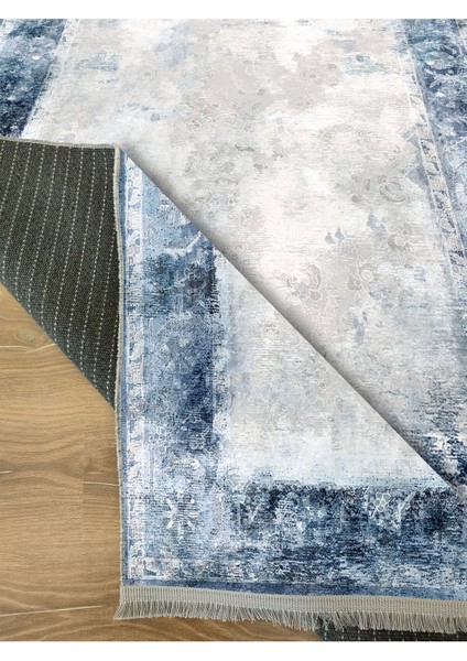 Mars 2068 Mavi Çerçeve Desenli Yıkanabilir Kaymaz Salon Halısı, Koridor ve Mutfak Halısı