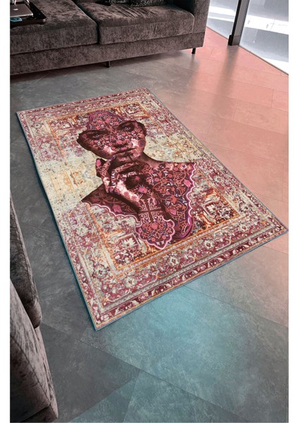 Kadın Silüeti Kiremit Tonunda Eskitme Desenli Vintage Yıkanabilen Dokuma Taban Salon Halısı Mars 125 fiyatları