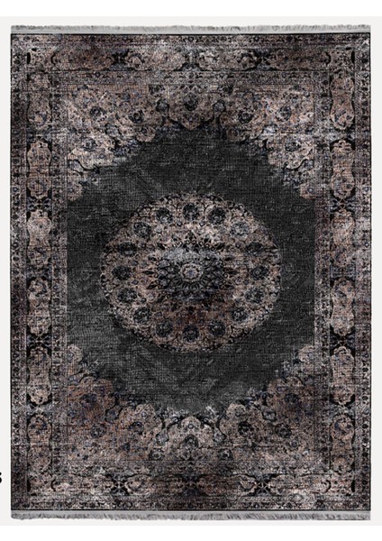 Mars 2187 Siyah ve Kahve Temalı Geleneksel Motifli Etnik Desenli Vintage Yıkanabilen Dekoratif Halı