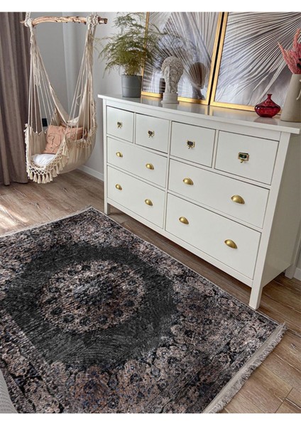 Mars 2187 Siyah ve Kahve Temalı Geleneksel Motifli Etnik Desenli Vintage Yıkanabilen Dekoratif Halı fiyatları