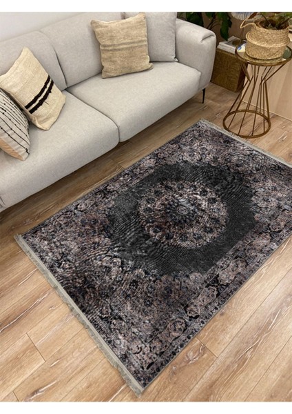 Mars 2187 Siyah ve Kahve Temalı Geleneksel Motifli Etnik Desenli Vintage Yıkanabilen Dekoratif Halı modelleri