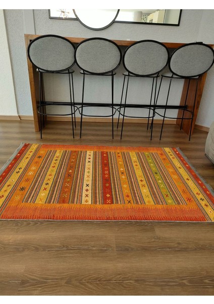 Mars Serisi Hardal ve Kırmızı Tonlarında Çizgili Geometrik Desen Kaymaz Taban Şönil Halı indirimleri