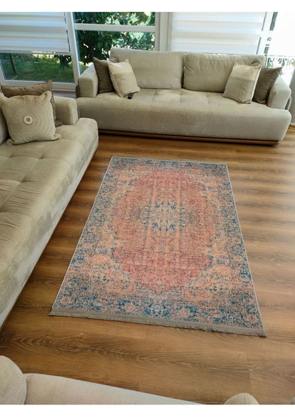 Mars Serisi Mavi ve Kahve Tonlarında Eskitme Otantik Desen Kaymaz Taban Şönil Halı fırsatları