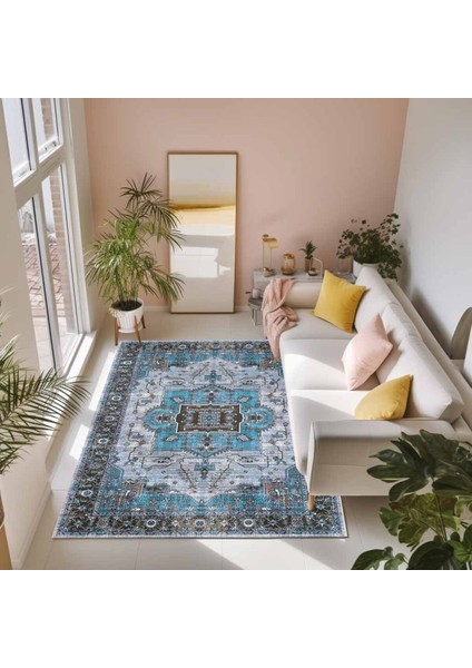 Mars 2251 Mavi Bordürlü Modern Yıkanabilen Dokuma Taban Dekoratif Halı modelleri
