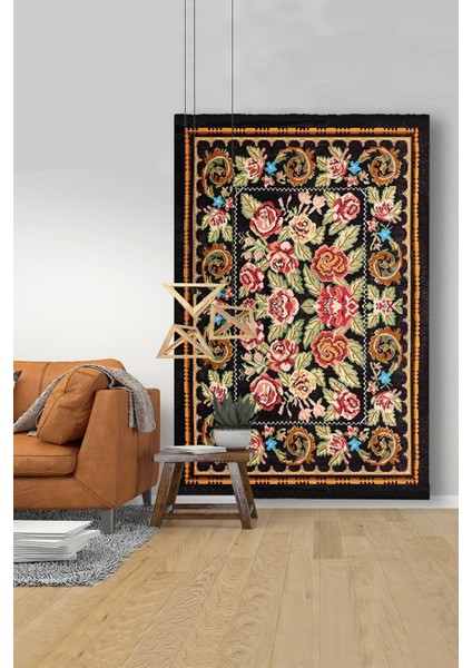 Mars 2010 Siyah ve Sarı Tonlarında Bordürlü Geometrik Desen Kaymaz Taban Dekoratif Halı