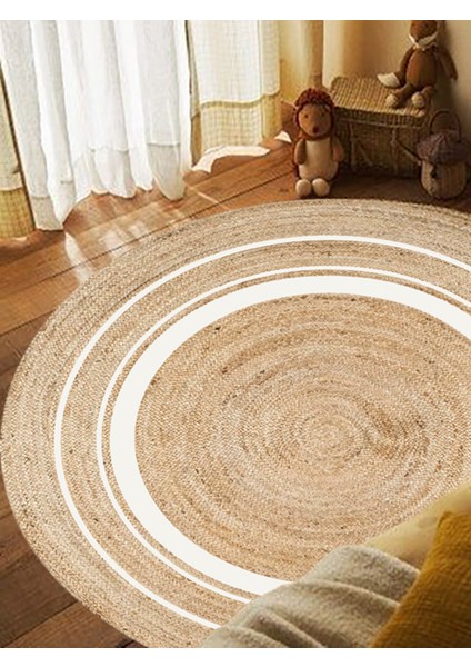 Boho 991 Natural Jüt Görünümlü Desen Üzerine Beyaz Halkalar Yuvarlak Natural Çift Taraflı Halı fiyatları