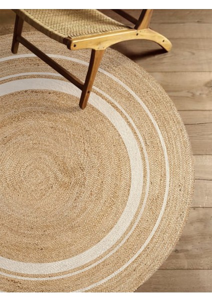 Boho 991 Natural Jüt Görünümlü Desen Üzerine Beyaz Halkalar Yuvarlak Natural Çift Taraflı Halı modelleri