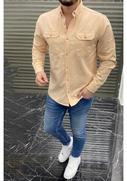 Regular Kesim Erkek Cift Cepli Gabardin Gomlek-Bej