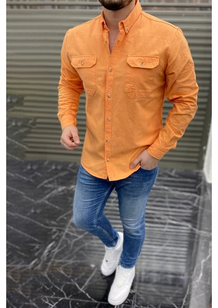 Regular Kesim Erkek Cift Cepli Gabardin Gomlek-Turuncu