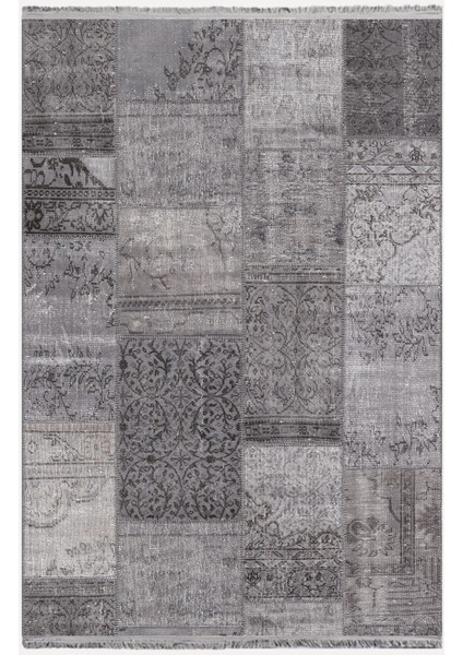 Mars 2092 Gri Tonlarında Eskitme Patchwork Desen Kaymaz Taban Dekoratif Halı
