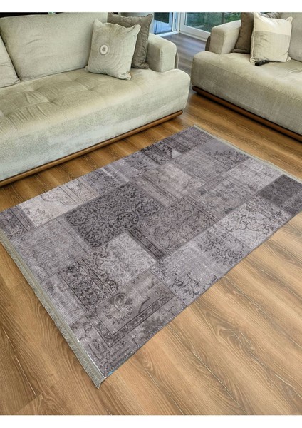 Mars 2092 Gri Tonlarında Eskitme Patchwork Desen Kaymaz Taban Dekoratif Halı fırsatları