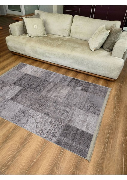 Mars 2092 Gri Tonlarında Eskitme Patchwork Desen Kaymaz Taban Dekoratif Halı indirimleri