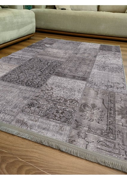Mars 2092 Gri Tonlarında Eskitme Patchwork Desen Kaymaz Taban Dekoratif Halı