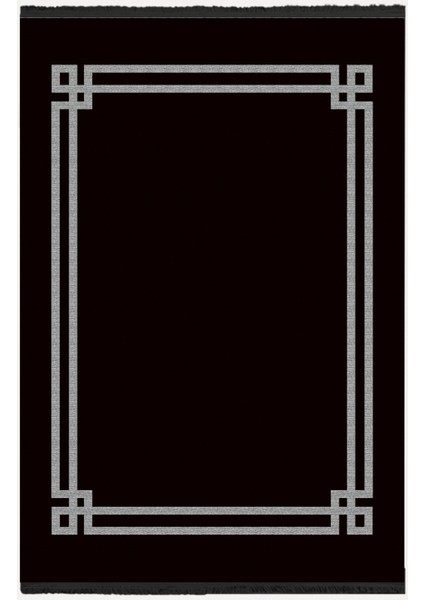 Mars Serisi Siyah Beyaz Çerçeveli Etnik ve Geometrik Desen Kaymaz Taban Şönil Halı