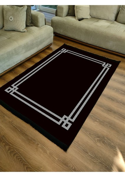 Mars Serisi Siyah Beyaz Çerçeveli Etnik ve Geometrik Desen Kaymaz Taban Şönil Halı