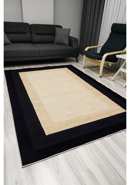 Mars 1012 Siyah Çerçeve Bordürlü Etnik Dekoratif Kaymaz Taban Halı