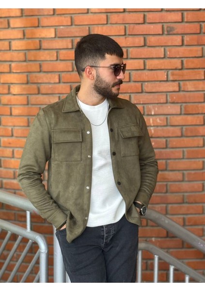 Slimfit Kesim Erkek Çift Cepli Süet Gömlek-Haki