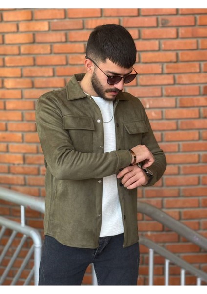 Slimfit Kesim Erkek Çift Cepli Süet Gömlek-Haki fiyatları