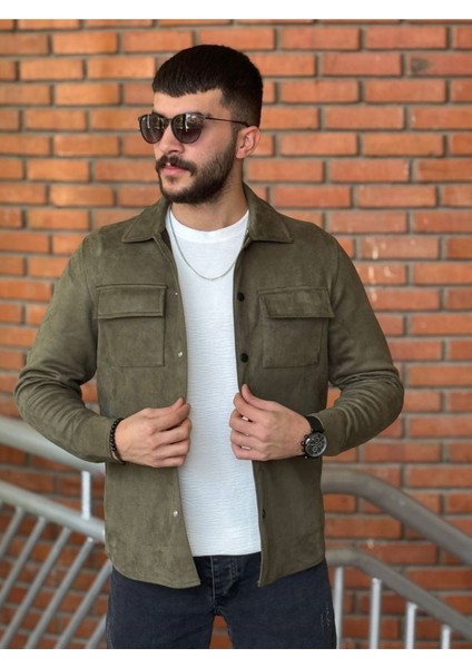 Slimfit Kesim Erkek Çift Cepli Süet Gömlek-Haki modelleri