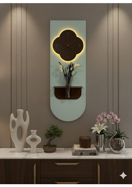 Yonca Ahşap Pilli Ledli Iskandinav Tarzı Salon Duvar Saati Modern Çiçeklik 40 x 110 cm