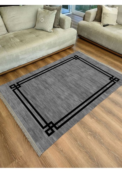 Mars 2064 Siyah Çerçeve Desenli Yıkanabilir Kaymaz Salon Halısı, Koridor ve Mutfak Halısı fiyatları