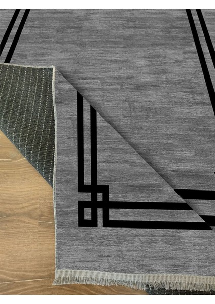 Mars 2064 Siyah Çerçeve Desenli Yıkanabilir Kaymaz Salon Halısı, Koridor ve Mutfak Halısı