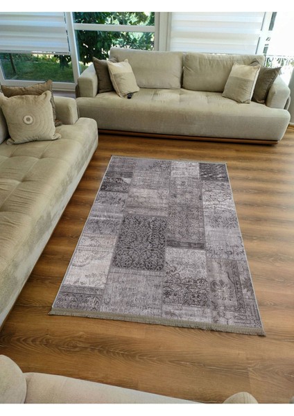 Mars 2092 Gri Tonlarında Eskitme Patchwork Desen Kaymaz Taban Dekoratif Halı fiyatları