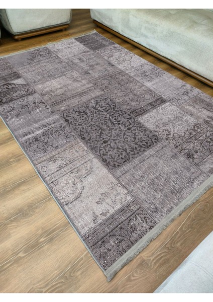 Mars 2092 Gri Tonlarında Eskitme Patchwork Desen Kaymaz Taban Dekoratif Halı modelleri