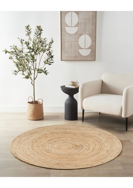 Boho 939 Doğal Hasır Jüt Desenli Örgü Yuvarlak Natural Çift Taraflı Halı