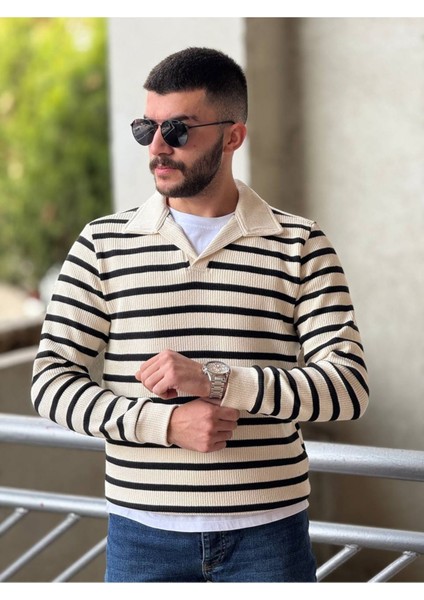 Slimfit Kesim Erkek Yakalı Cizgili Zincir Örgü Triko Kazak-Siyah