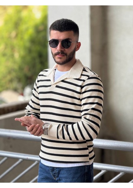 Slimfit Kesim Erkek Yakalı Cizgili Zincir Örgü Triko Kazak-Siyah fiyatları