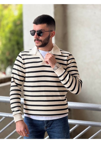 Slimfit Kesim Erkek Yakalı Cizgili Zincir Örgü Triko Kazak-Siyah modelleri