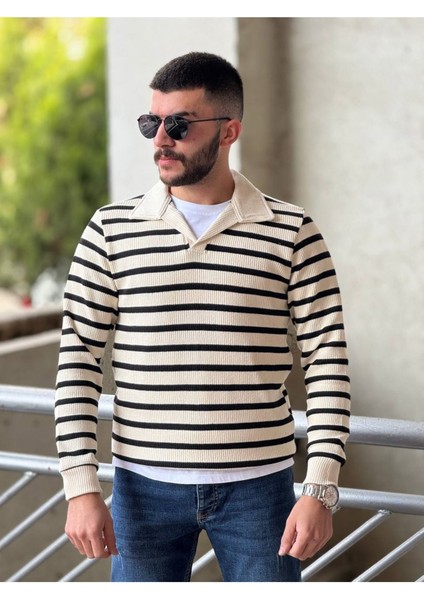 Slimfit Kesim Erkek Yakalı Cizgili Zincir Örgü Triko Kazak-Siyah fırsatları