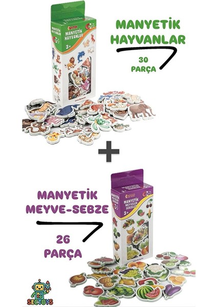 Oyuncak Manyetik Mıknatıslı 30 Parça Hayvanlar ve 26 Parça Sebze Meyveler Eğitici Set Magnet Set