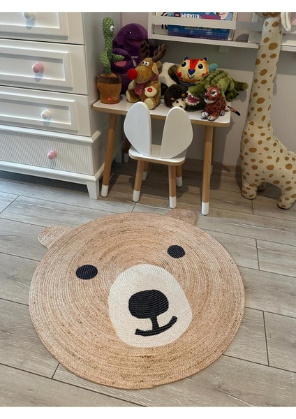 Boho 958 Sevimli Ayıcık Örgü Taban Yuvarlak Natural Çift Taraflı Çocuk ve Bebek Odası Halı