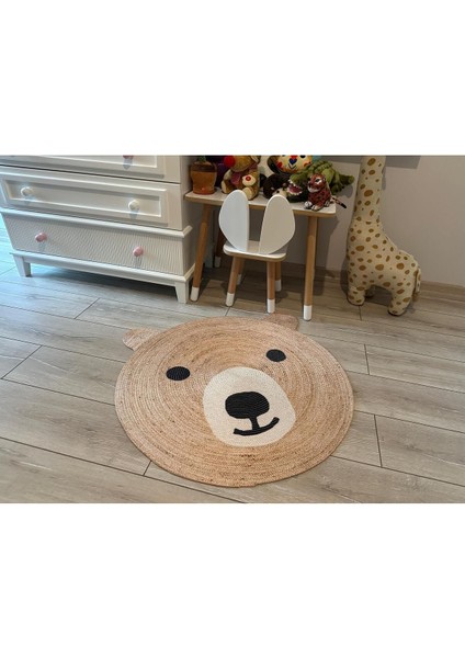 Boho 958 Sevimli Ayıcık Örgü Taban Yuvarlak Natural Çift Taraflı Çocuk ve Bebek Odası Halı modelleri