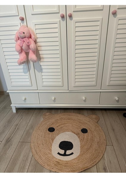 Boho 958 Sevimli Ayıcık Örgü Taban Yuvarlak Natural Çift Taraflı Çocuk ve Bebek Odası Halı indirimleri